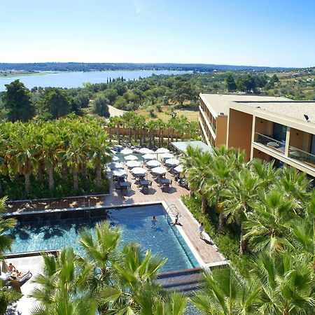 Ap Lago Montargil - Conference & Spa Εξωτερικό φωτογραφία The photo shows a scenic view of a modern hotel or resort. In the foreground, there is a swimming pool surrounded by palm trees, with lounge chairs positioned beside it. Sun umbrellas provide shade over the chairs. The background features a lush land